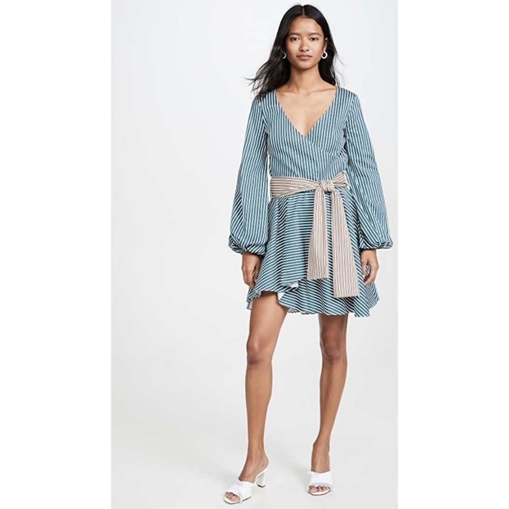 Caroline Constas Mini Teal Striped Tie Waist Lena Poplin Dress Size Large